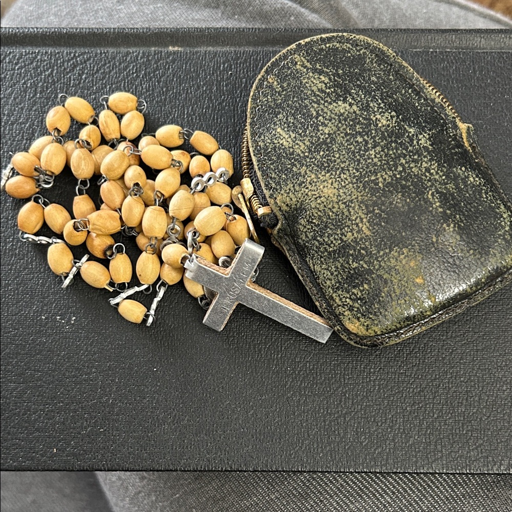 Wooden Bead Rosary Cross with leather pouch jerusalem olive wood